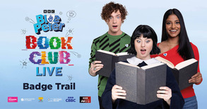 Three Blue Peter presenters and Blue Peter Book Club Live graphic