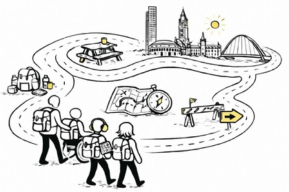 Cartoon showing family setting out along a path