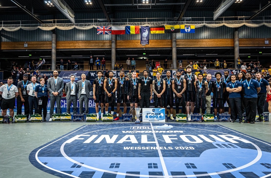 Manchester Basketball ENBL Final pose with second place trophy