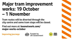 Text reads, Tram improvement works October to November 2026