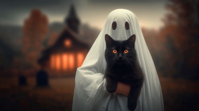 Halloween ghost holding a black cat