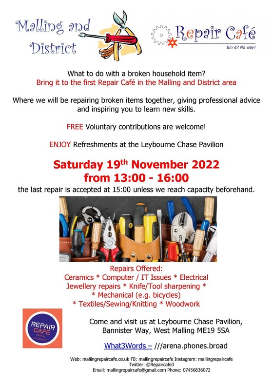 Malling Repair Cafe- Sunday 19th November from 13:00- 16:00 at  Leybourne Chase Pavillion