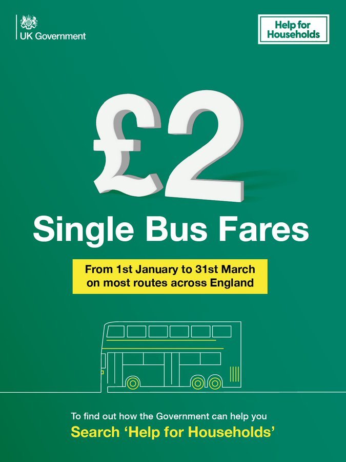 £2 single bus fares from 1 January to 31 March on most routes