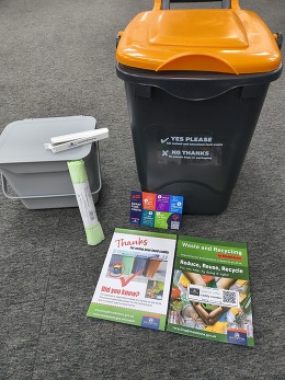 Food waste bin, food caddy, leaflets, magnet and food clip