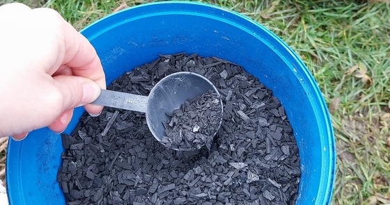 mycorrhiza mixed with charcoal flakes in a blue pot
