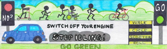 anti idling banner child's drawing of a car with slogans