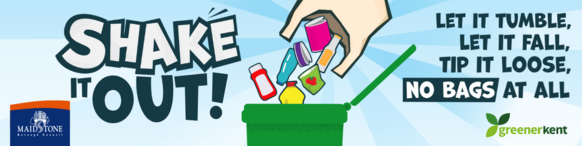 Light blue banner with cartoon graphics of recycling being put into a bin with the text 'shake it out'