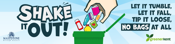 Graphic of recycling tipped out of plastic bag with text 'shake it out'