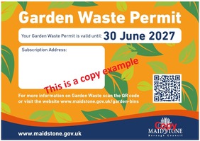 A copy example of a Maidstone Borough Council food waste permit. An orange sticker with decorative leaf graphics on the forefront