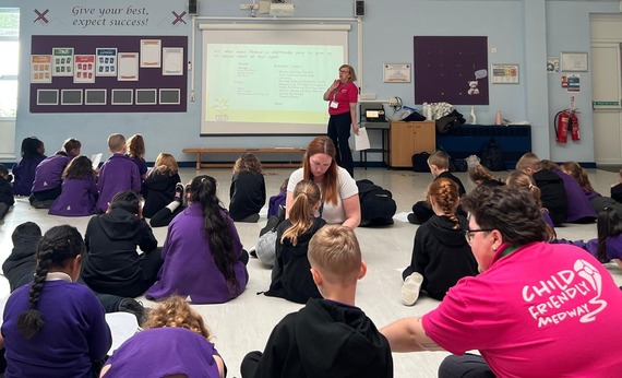 The Child-Friendly Medway Team delivering an assembly at Temple Mill Primary School