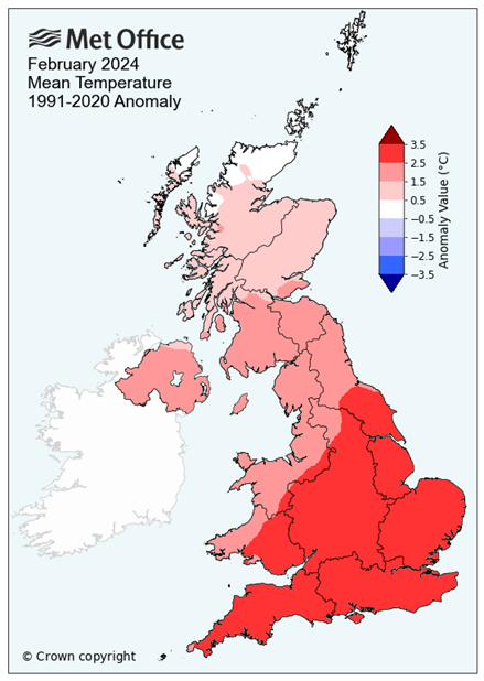 Met Office mean temperature graph of the UK for February 2024
