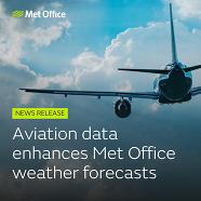 Met Office news release: Aviation data enhances Met Office weather forecasts. Image shows an airplane in flight
