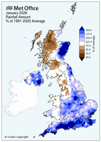 Map showing rainfall amount in the UK in January 2026