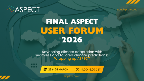 Graphic advertising the final aspect user forum 2026 on 23 & 24 March on advancing climate adaptation with seamless and tailored climate predictions