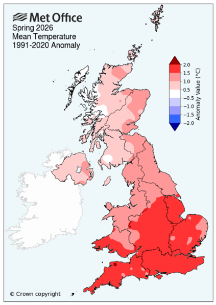 Met Office map of UK spring 2026 temperature anomaly, showing above-average warmth across England, strongest in the south and east.