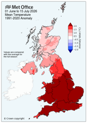 UK map showing mean temperature anomaly from 1 June–15 July 2026, with much of England and Wales up to 2°C above average.