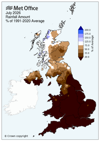 Map showing the rainfall amount in July 2026 across UK and Northern Ireland as a percentage of the 1991-2020 average