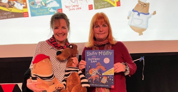 Tracey Corderoy, author of Shifty McGrifty and Slippery Sam, with Natalie McVey, Deputy Leader at MHDC.