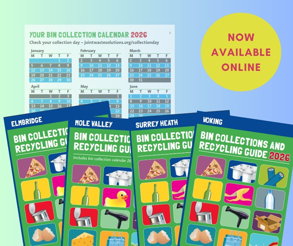 Graphic showing new waste calendars for the four Surrey areas covered by Joing Waste Solutions
