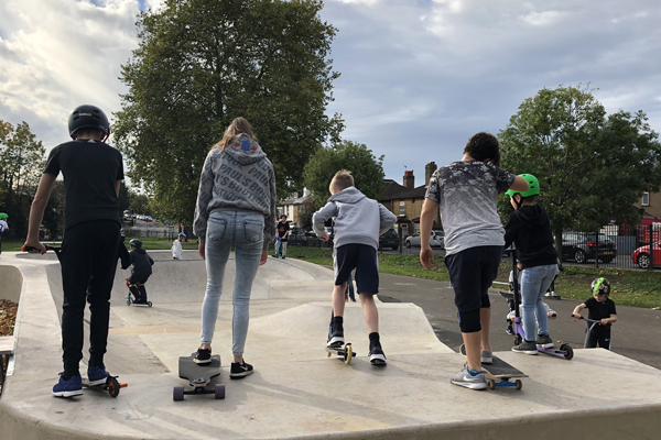 Youg people having fun on the skatepark at Kingston Road Rec in Leatherhead