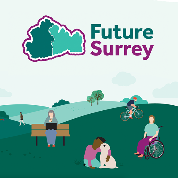 Future Surrey graphic featuring Surrey Hills and people out exploring the county