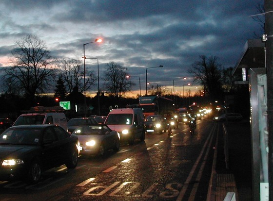 A long queue of traffic at night in Nottingham