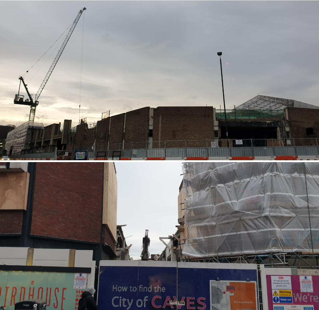 Tower crane above intu Broadmarsh, and demolition at Drury Walk