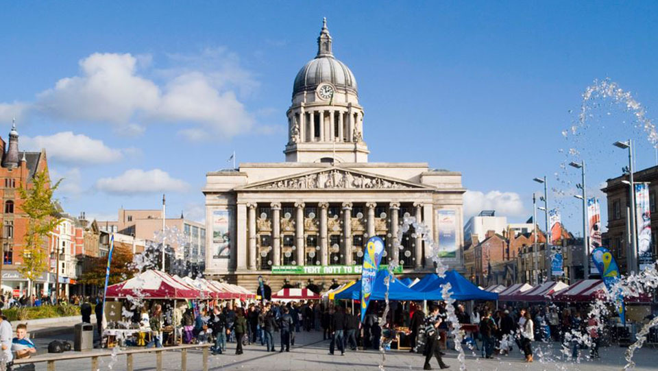 Old market square with blue skies