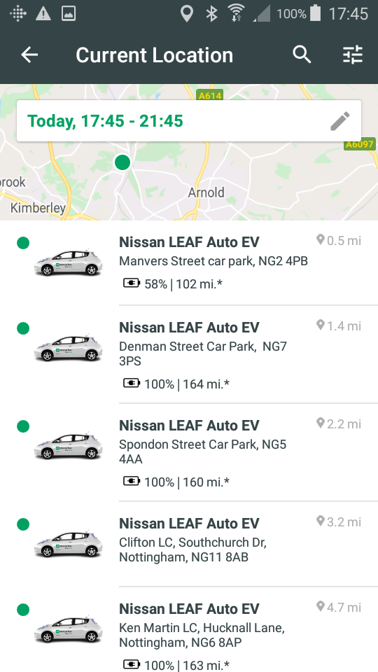 Car club app screenshot showing charging percentage and drive range for EVs