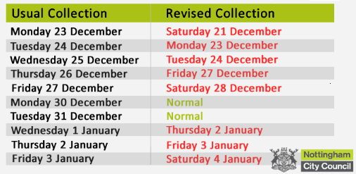 2019 xmas and new year bin collections calender