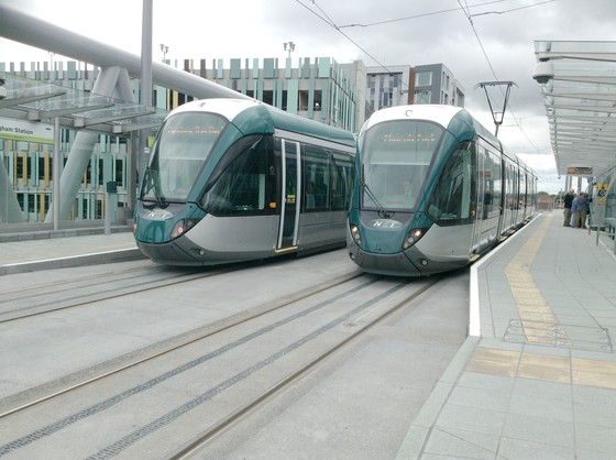 Two trams at Nottingham Station tram stop