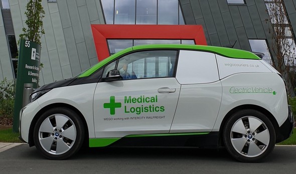 BMW i3 with WeGo Couriers details and 'Medical Logistics' on the side