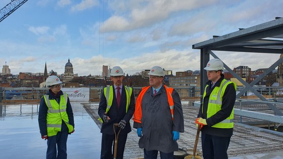 Representatives from Nottingham City Council, Galliford Try and D2N2 the Local Enterprise Partnership speak at the topping out ceremony