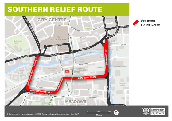 Southern Relief Route Map from London Road to Castle Boulevard