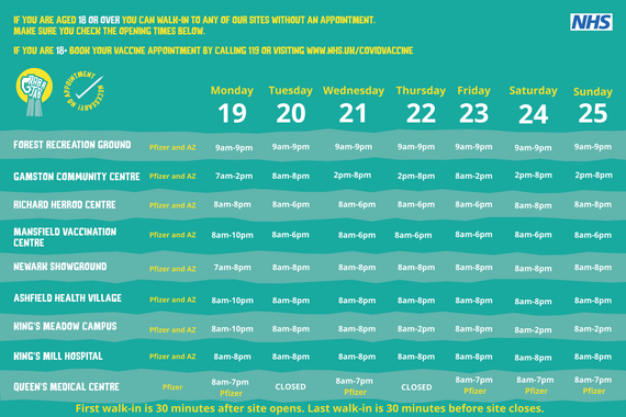 Vaccination centres opening times week commencing 19/07