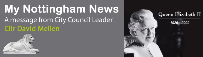 Cllr Mellen My Nottingham News banner with Queen