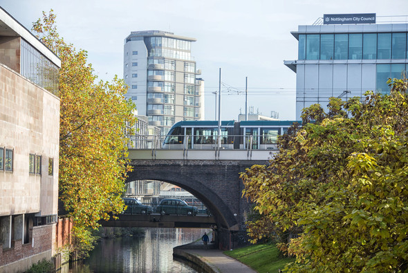 Tram going over bridge