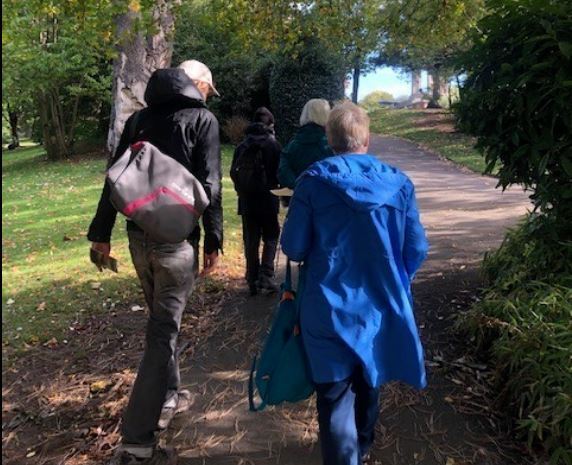 A group of people walking in the park