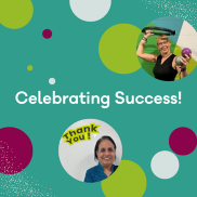 Celebrating Success Graphic with a picture of Tina (Group Fitness Instructor) and Krishna (Group Fitness Instructor). 