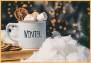 White Mug with the word Winter, marshmallows and dried orange segment in the top