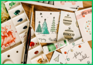 Paint palette with hand painted Christmas cards