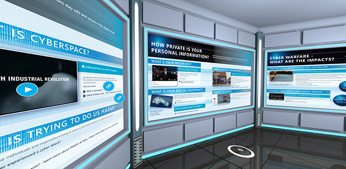 A virtual cyber exhibition with blue and grey screens