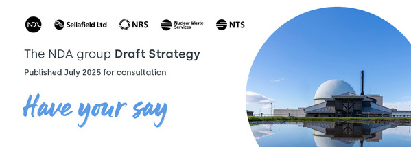 Have your say on the NDA group Draft Strategy featuring a dome shaped nuclear building on Dounreay site with blue sky and water reflection
