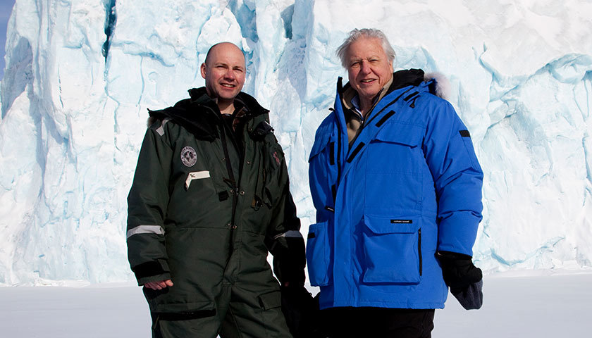 Sir David Attenborough with Professor Mark Brandon. Copyright Open University.