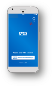 NHS App on phone with red dotted arrow pointing towards help button