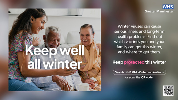 To the left hand side three people sitting together with text across the image saying keep them well all winter and some further writing to the right 
