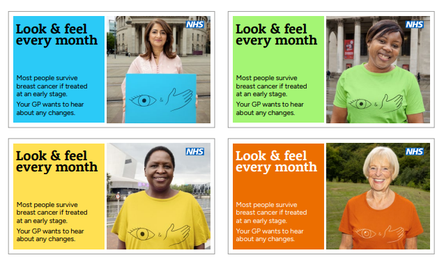 Four women in different colour t-shirts promoting a breast cancer awareness campaign