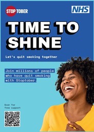 Promotional poster for NHS Stoptober campaign featuring a joyful individual laughing and the text "TIME TO SHINE Let's quit together." 