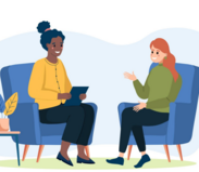 Two cartoon women sitting in chairs facing each other.