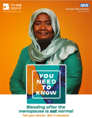Poster with a smiling individual in a green headscarf against an orange background